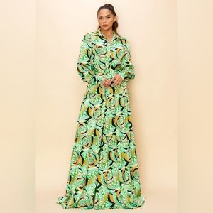 Rosalie Printed Layered Bottom Skirt Maxi Dress in Green Combo
